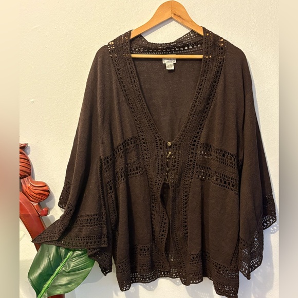 Chico's Sweaters - Women’s Chico's Elegant Lightweight Dark Brown Crochet Angel Sleeve Cardigan